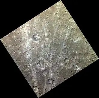 The region around Vincente in exaggerated color.  The rays of Han Kan crater cross the scene.