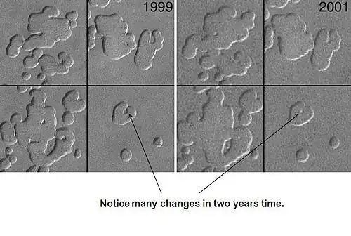 Changes in south pole from 1999 to 2001, as seen by Mars Global Surveyor.  Notice how Swiss-cheese type holes have grown in the two years.