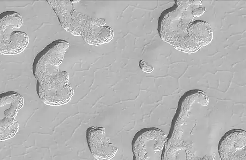 Close-up view of Swiss cheese terrain.  Polygonal pattern was probably formed by shallow troughs.