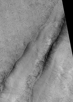 Tantalus Fossae, as seen by HiRISE.  Click on image to see dust devil tracks.