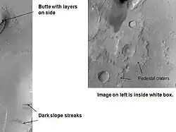 Tikhonravov Crater floor, as seen by Mars Global Surveyor. Click on image to see dark slope streaks and layers.  Tikhonravov Crater is in the Arabia quadrangle.