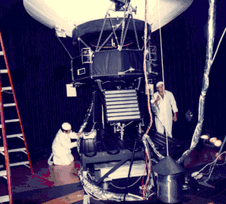 Voyager 1 'Proof Test Model' in a space simulator chamber at JPL 3/12/1976