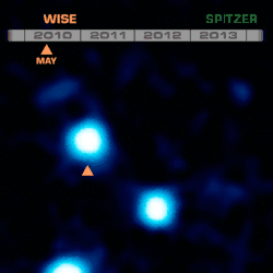 Time-lapsed photo sequence of WISE 0855−0714's movement in the sky using captured images from the WISE and the Spitzer telescopes.