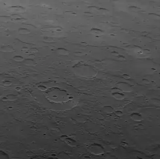 Regional view from MESSENGER's first flyby in January 2008, showing Wang Meng below left of center, Judah Ha-Levi at center, and Glinka in upper right.