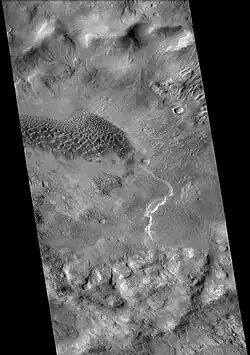 Baltisk crater, as seen by CTX camera on MRO.  Dark areas are dunes.  Fans are visible in the lower right.