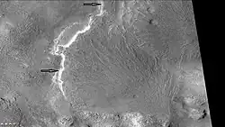Fans in Baltisk crater, as seen by CTX camera. Note: this is an enlargement of a previous image.  Arrows point to layered parts of the fans.
