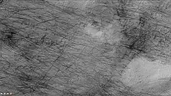 Dust devil tracks on floor of Copernicus Crater, as seen by CTX camera (on Mars Reconnaissance Orbiter).  Note: this is an enlargement of the previous image of the eastern edge of Copernicus.
