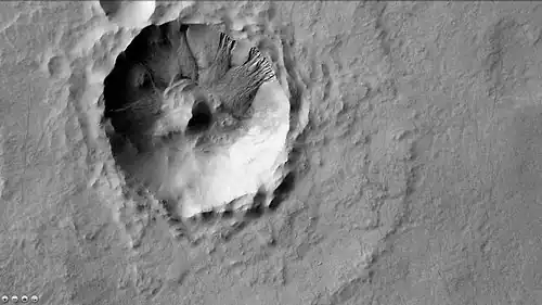 Gullies in a crater that is on the floor of Heaviside Crater, as seen by CTX camera (on Mars Reconnaissance Orbiter).  Note: this is an enlargement of the previous image of Heaviside Crater.