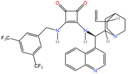 The first squaramide catalyst developed. It functions as a bifunctional catalyst.Some later catalysts are based on such a structure by removing the methylene group on the left to make a 3,5-bis(trifluoromethyl)phenyl-group or adding a 6-methoxy group on the quinoline.