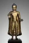 Gupta sculpture of Buddha offering protection; late 6th–early 7th century; copper alloy; height: 47&nbsp;cm, width: 15.6&nbsp;cm, diameter: 14.3&nbsp;cm; from India (probably Bihar); Metropolitan Museum of Art
