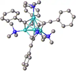 Structure of the cluster formed from PhC≡CLi complexed to N,N,N′,N′-tetramethyl-1,6-diaminohexane (methylene groups omitted for clarity). Color key: turquoise = Li, blue = N.