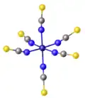 Crystal structure of [NiII(NCS)6]4-, a homoleptic complex of six isothiocyanate ligands.  Color code: blue = N, yellow = S.