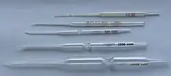Carlsberg pipettes, glass micropipettes named for their place of invention and first use, The Carlsberg Laboratory, Physiology Department, Copenhagen, Denmark. Used with a mouthpiece for precision biochemical and physiological lab work., From the top: double constriction pipettes for 1 and 10 microlitres; single constriction pipettes for 200; 2,000; and 10,000 microlitres
