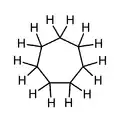 Cycloheptane, a simple 7-membered carbocyclic compound, methylene hydrogens shown (non-aromatic).