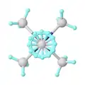 Structure of pentamethylmolybdenum, Mo(CH3)5, showing 4-fold disorder of one methyl group.