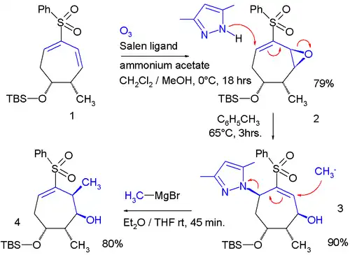 A diene epoxide (from Jacobsen epoxidation) adds a pyrazole with an allylic shift.  Then methylmagnesium bromide expulses the pyrazole with another allylic shift, returning the remaining double-bond to its original position.