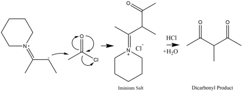 Enamine nucleophile attacks acetyl chloride to form a dicarbonyl species