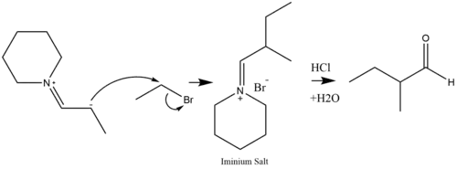 Alkylation of an enamine and a dehydration to form a ketone.