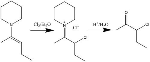 Chlorination/brominatio of enamines takes place in diethyl ether.