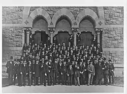 A picture of the Princeton University Class of 1879, posing on the steps of the John C. Green School of Science