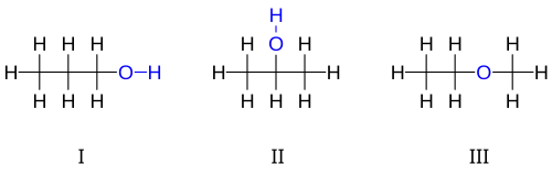 Structural isomers of C3H8O: I 1-propanol, II 2-propanol, III ethyl-methyl-ether.