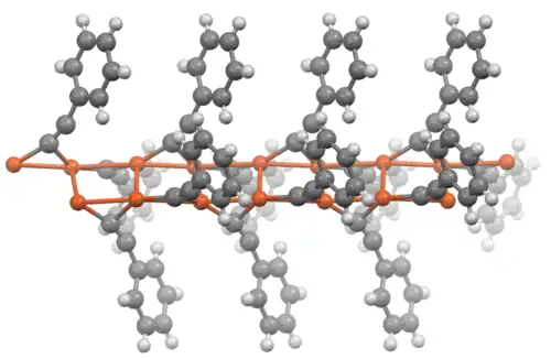 Portion of the structure of the polymer copper(I) phenylacetylide Cu+[−C≡C−C6H5].