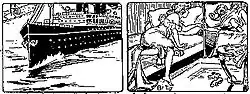 Two panels from a comic strip. In the first panel, a nurse watches as a young boy urinates, and an ocean liner tavels through the mass of urine. In the second panel, the nurse awakens in her bed to the child's crying.