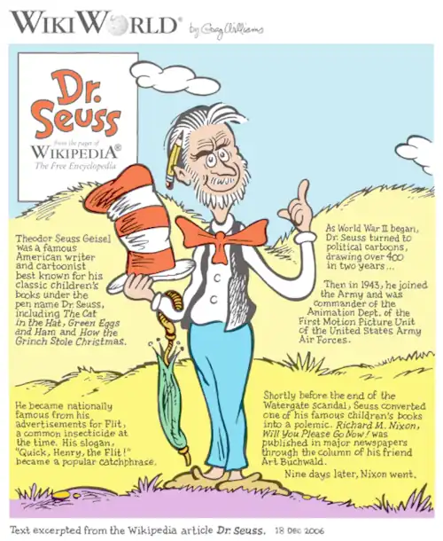 A cartoon shows a bearded man with a red bow tie holding the hat from Dr. Seuss's "The Cat in the Hat".