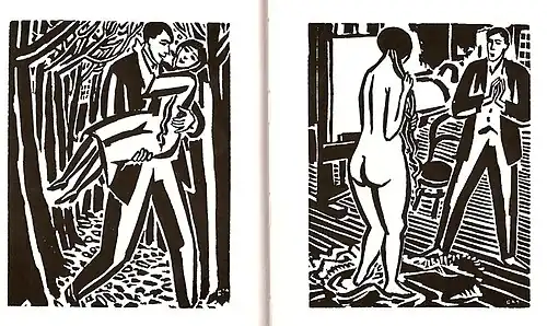 Two pages from a woodcut novel by Frans Masereel