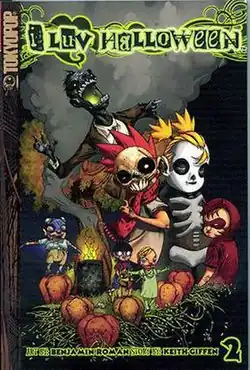 A book cover. At the top is text reading "i Luv Halloween". Further on is a picture of a group of children near a pumpkin patch; a zombie stands behind two of the children. Text at the bottom notes that the author is Keith Giffen, the illustrater is Benjamin Roman, and this is the second volume.