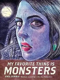 A book cover featuring an illustration of a woman wearing lipstick and an emerald earring looking at the viewer, with an apartment building and full moon behind her.