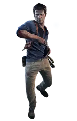 A shot of a man in his 40s walking in mid-step. He is wearing a blue colored shirt, unbuttoned slightly, with a holster and a bandolier across his chest. He wields a pistol in his hand. His hair is dark brown, and he has stubble.