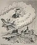 Ink drawing of a cartoon plane swooping to the left, leaving a big cloud of smoke that says "wise-cracks"