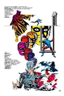 A comic book spread featuring a variety of surreal images, including the spectre of Death pointing towards a door, the face of Rick Jones duplicated in different colors, and a body with a skull for a head exploding into colored smoke.