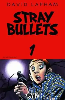 The cover has a large banner at the top reading "STRAY BULLETS" with a band in the bottom third that has a drawing of a man with a revolver looking scared under the moon.