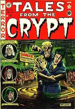 A comic book cover reading "Tales from the Crypt" in white letters on a red background. Below is a colorful illustration of the rotting corpse of a man clutching a terrified man in a pool of quicksand.