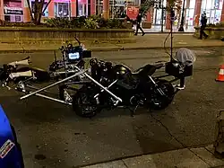 A camera-rigged motorcycle used during filming.