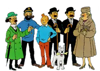 Tintin is standing in front of all of his friends