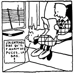 A black-and-white drawing of young man reading on a train sitting next to a white dog; with dialogue stating "J'ai entendu dire qu'il y avait des puces, la-bas !" in French