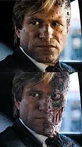 Two images depicting Aaron Eckhart on set wearing motion capture markers and the disfigurements added with computer-generated imagery