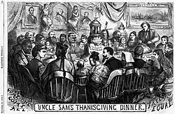 An 1869 Nast cartoon supporting the Fifteenth Amendment optimistically envisions a multicultural comity that interprets the national motto E pluribus unum as a heartening holiday family gathering; "In the words of J. Henry Harper, 'Nast was one of the great statesmen of his time. I have never known a man with a surer political insight. He seemed to see approaching events before most men dreamed of them as possible.'"