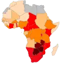 Map of Africa colored according to the percentage of the adult (ages 15–49) population with HIV/AIDS (Map of 2002).