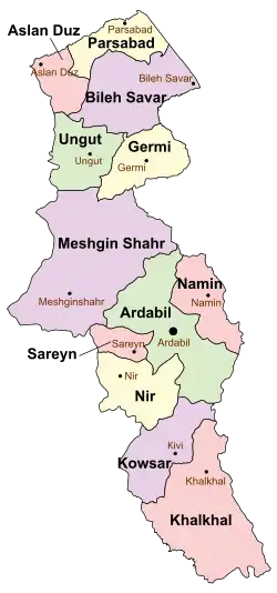 Location of Aslan Duz County in&nbsp;Ardabil&nbsp;province (top, pink)