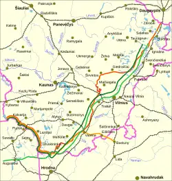 Selected lines of demarcation between Lithuania and Poland, 1919–1939. Light orange line denotes the line drawn by the Suwałki Agreement.