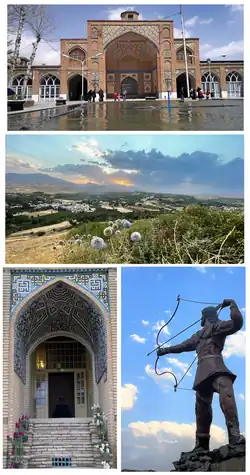 Top left: Grand yard of  Sultani mosque, Middle: Outlook of Zagros Mountains, Bottom left: Eftekhar-al-Eslam old house, Bottom right: the  statute of Arash the Archer