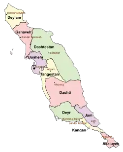 Location of Deyr County in&nbsp;Bushehr&nbsp;province (bottom,&nbsp;green)