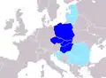 Central Europe according to Peter J. Katzenstein (1997): The Visegrád Group countries are referred to as Central Europe in the book. Countries for which there is no precise, uncontestable way to decide whether they are parts of Central Europe or not
