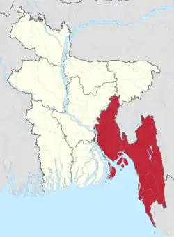 Map indicating the extent of Chittagong Division within Bangladesh