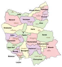 Location of Marand County in East Azerbaijan province (top left, pink)