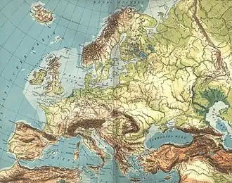 Map representing the geography of Europe, with the mountain ranges separating southern Europe